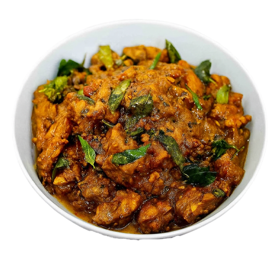 South Indian Pepper Chicken masala with pan-seared chicken, black pepper, curry leaves, and spices