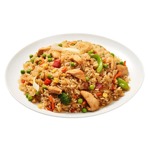 Chicken Fried Rice with colorful vegetables, tender chicken, and egg, wok-fried to perfection