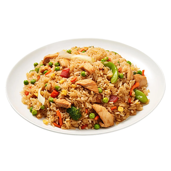 Chicken Fried Rice with colorful vegetables, tender chicken, and egg, wok-fried to perfection