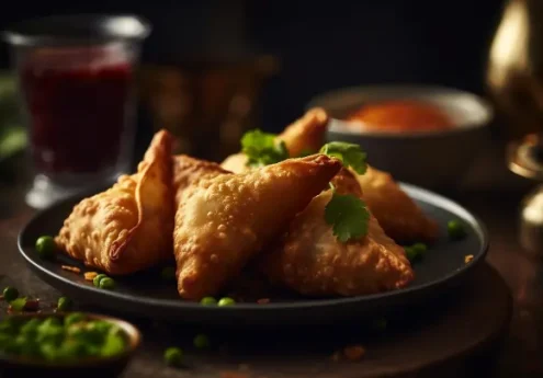 Crispy golden vegetable samosas served with chutney on a dark plate