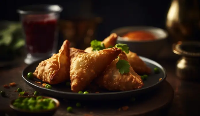 Crispy golden vegetable samosas served with chutney on a dark plate