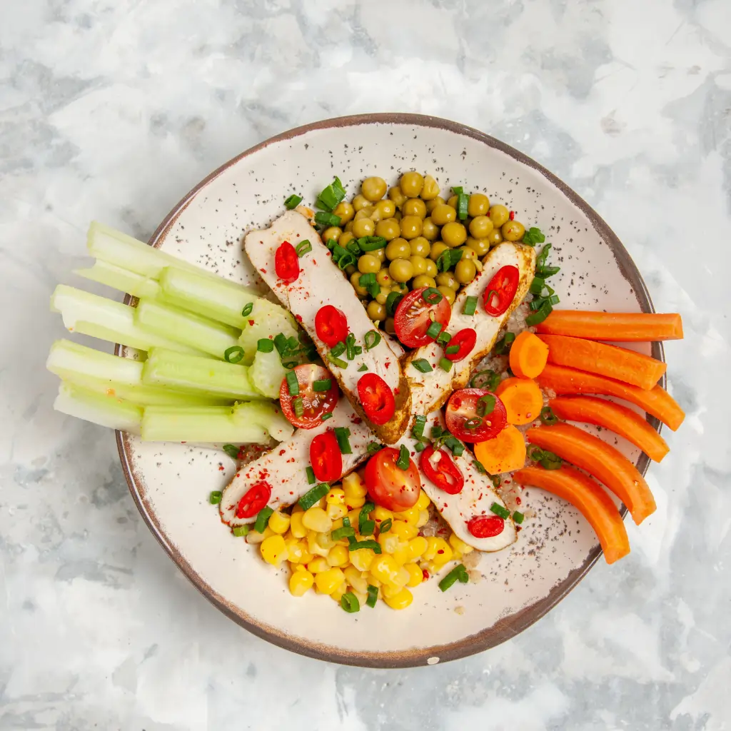 Healthy vegetarian entree plate with fresh celery sticks, carrots, sweet corn, green peas, and seasoned tofu topped with red chili slices.