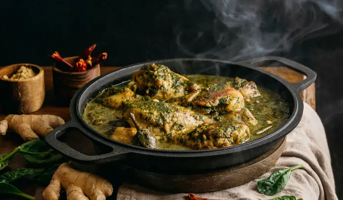 Chicken pieces simmering in a green spinach curry with herbs and spices in a cast-iron pan