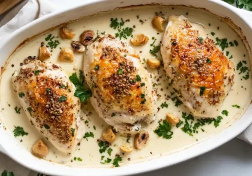 Creamy baked chicken breasts in a white sauce with herbs and roasted garlic, served in a casserole dish