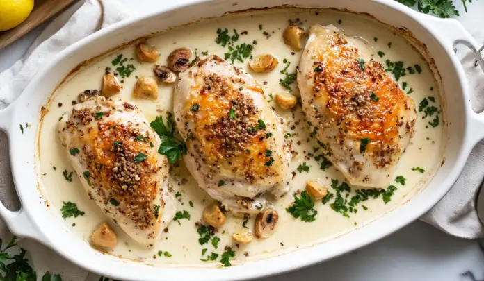 Creamy baked chicken breasts in a white sauce with herbs and roasted garlic, served in a casserole dish