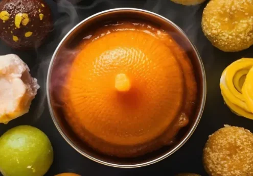 Assorted Indian desserts arranged around a central syrup-soaked sweet, including laddus, gulab jamun, peda, and other traditional mithai.