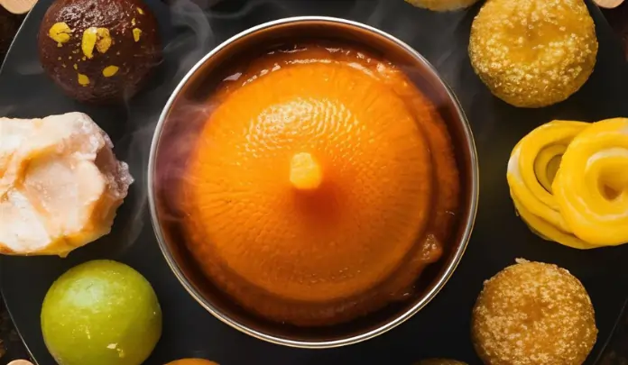 Assorted Indian desserts arranged around a central syrup-soaked sweet, including laddus, gulab jamun, peda, and other traditional mithai.