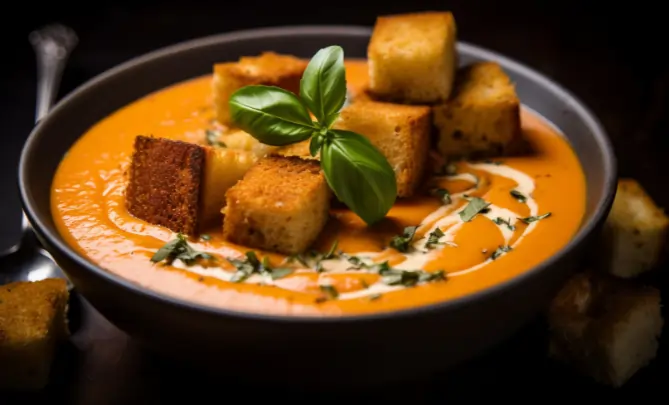 Creamy tomato soup with croutons served in an Indian restaurant bowl