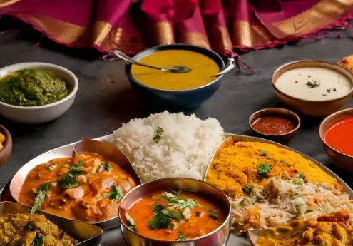 Traditional Indian thali meal with rice, curry, dal and side dishes served in an Indian restaurant