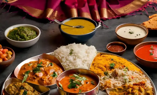Traditional Indian thali meal with rice, curry, dal and side dishes served in an Indian restaurant