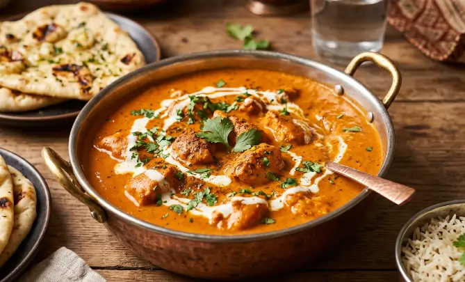 Creamy Indian butter chicken curry with herbs and cream served in a copper pan with naan and rice