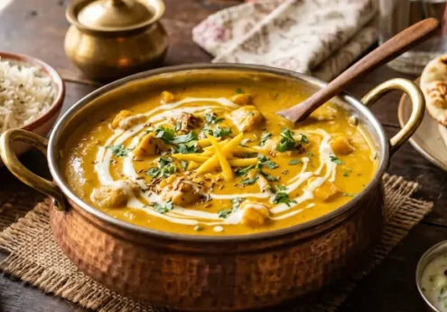 Creamy Indian curry with chicken, topped with herbs and cream in a traditional copper bowl