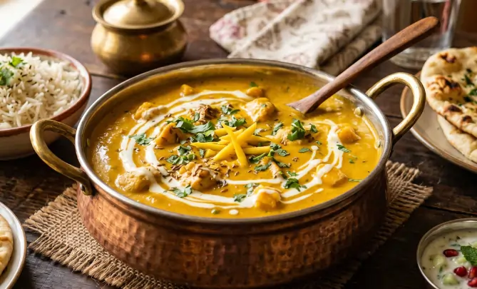 Creamy Indian curry with chicken, topped with herbs and cream in a traditional copper bowl