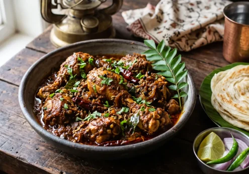 Spicy Chettinad chicken curry served with flaky Kerala parotta, onion slices, green chilies, and lemon on a rustic wooden table.