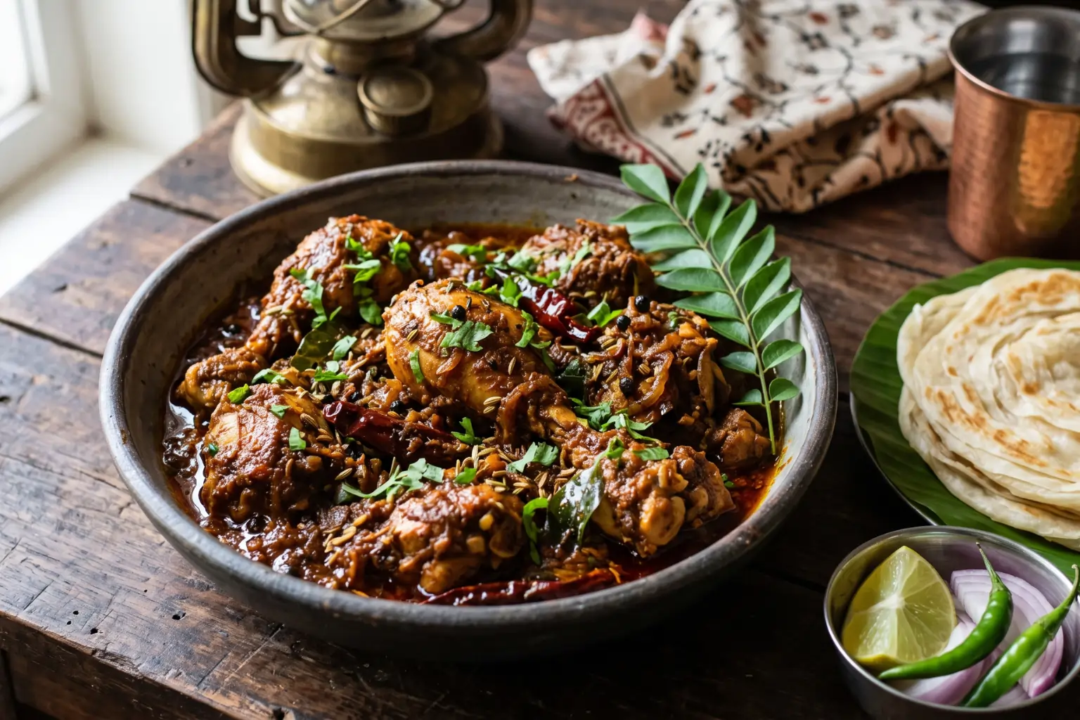 Spicy Chettinad chicken curry served with flaky Kerala parotta, onion slices, green chilies, and lemon on a rustic wooden table.