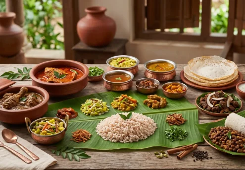 Traditional dishes of India served on a banana leaf with rice, curries, appam, vegetables, and authentic Indian delicacies.