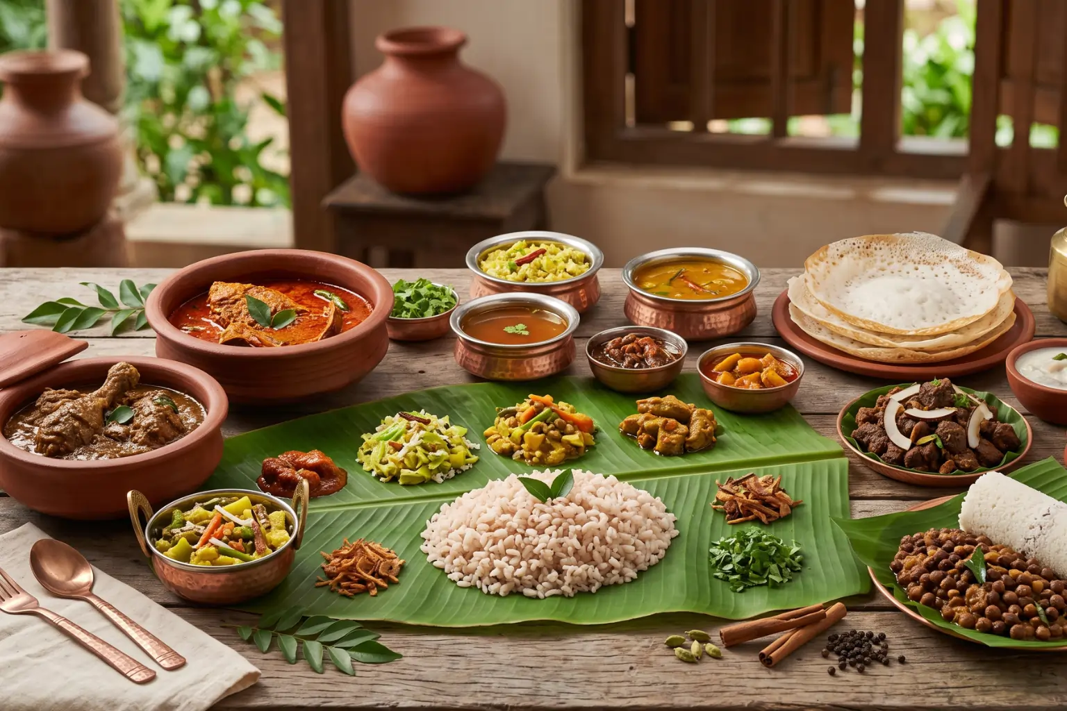 Traditional dishes of India served on a banana leaf with rice, curries, appam, vegetables, and authentic Indian delicacies.