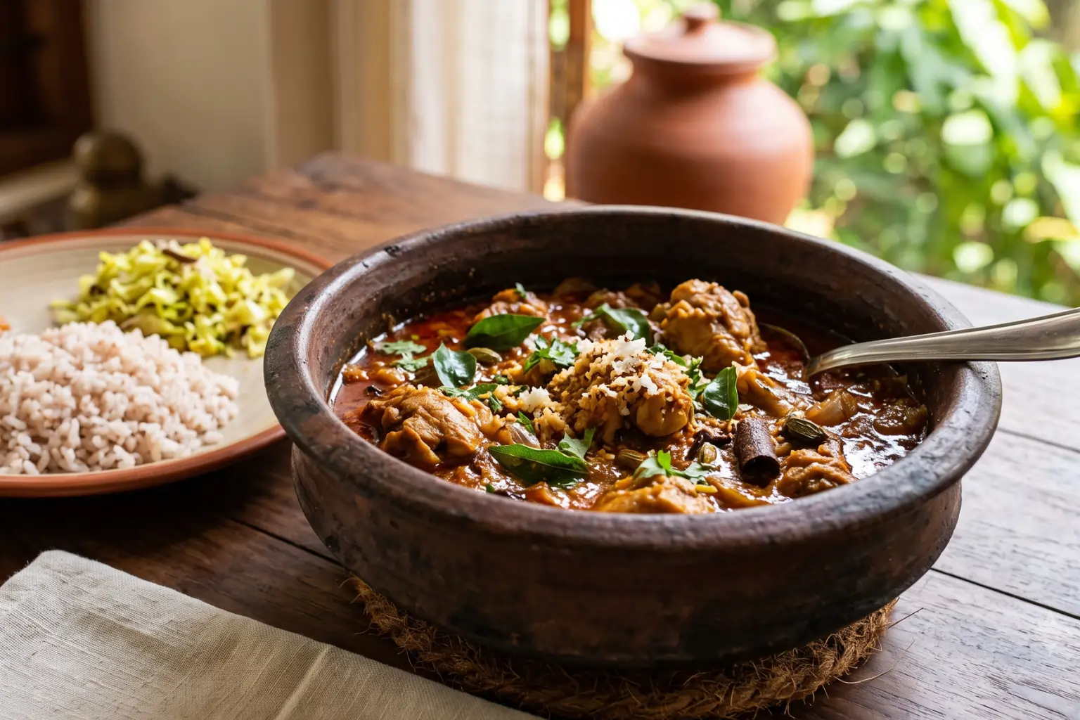 Traditional Indian chicken curry served in a clay pot with Kerala red rice and cabbage side dish on a rustic wooden table.