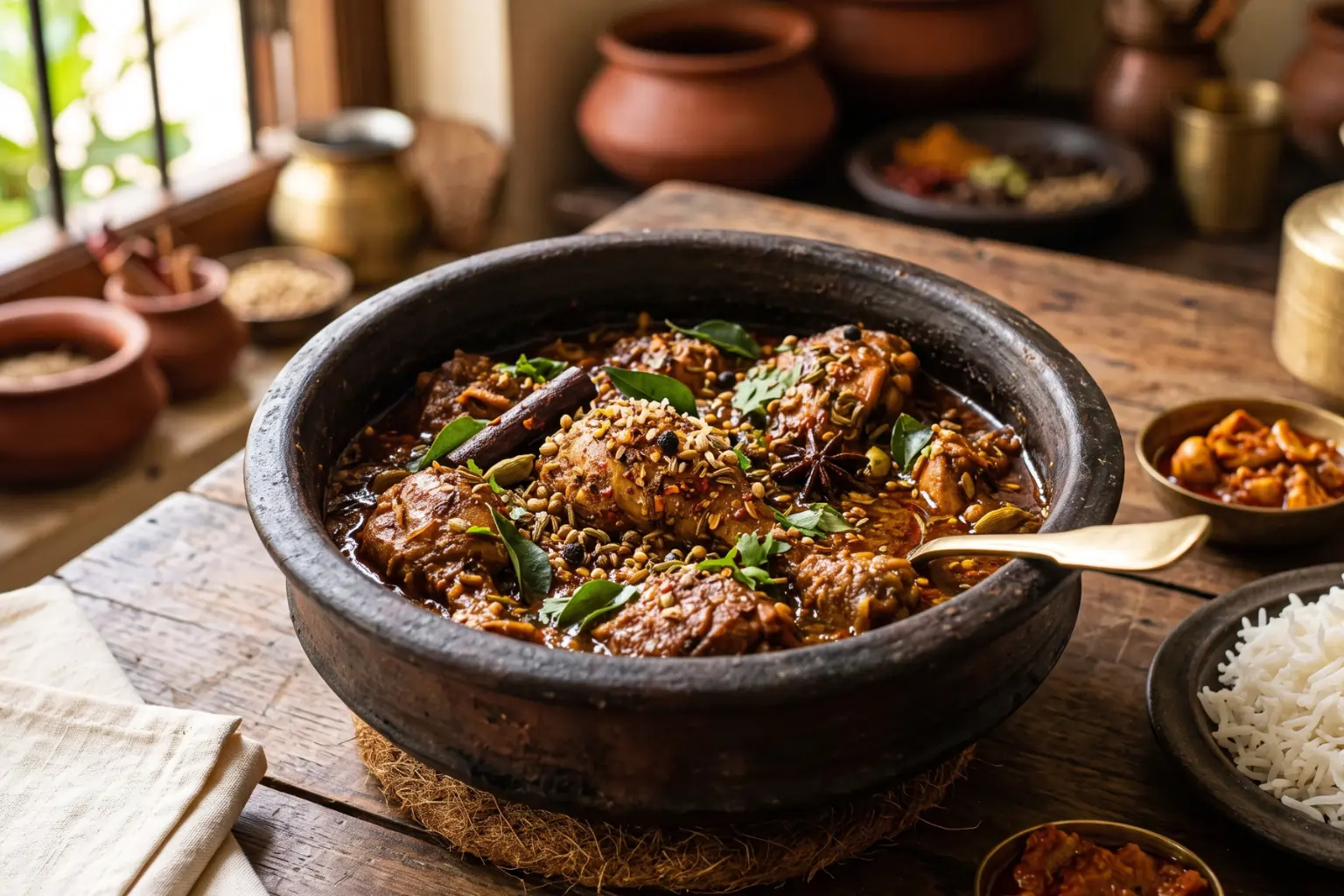 Traditional spicy Chettinad chicken curry served in a clay pot with aromatic South Indian spices, curry leaves, and steamed rice.