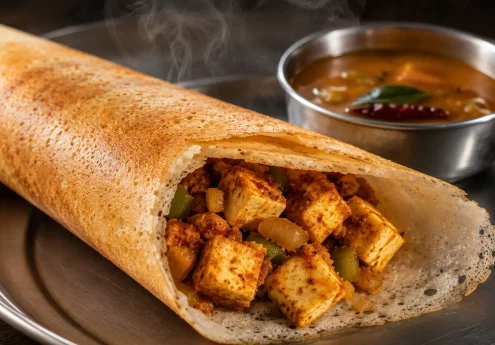 Paneer dosa with cottage cheese filling, a vegetarian South Indian dosas option at The Curry House Campbelltown
