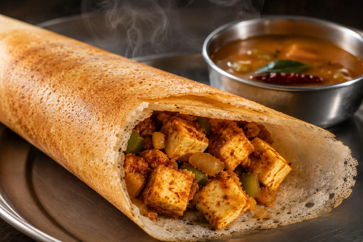 Paneer dosa with cottage cheese filling, a vegetarian South Indian dosas option at The Curry House Campbelltown