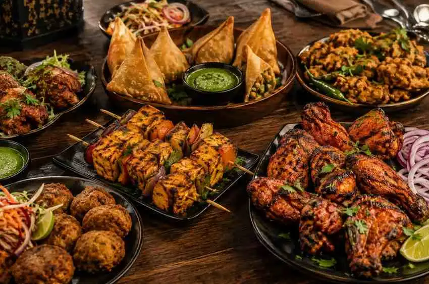 Indian street food chaat platter with pani puri, papdi chaat, and aloo tikki chaat