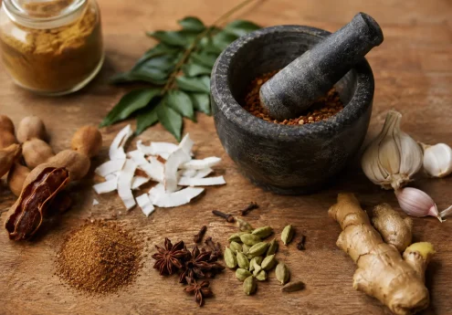 Jar of curry powder next to fresh Indian spices like curry leaves, tamarind, and cardamom, debunking the Indian food myth of one spice blend
