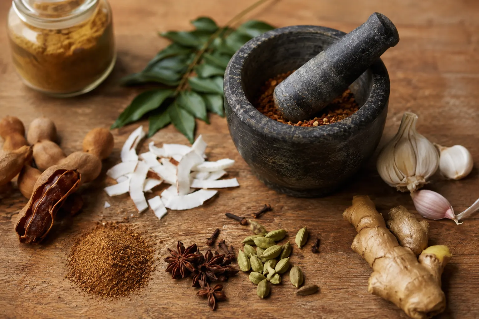 Jar of curry powder next to fresh Indian spices like curry leaves, tamarind, and cardamom, debunking the Indian food myth of one spice blend
