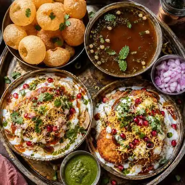 Assorted Indian appetizers including paneer tikka, vegetable samosas, and tandoori chicken