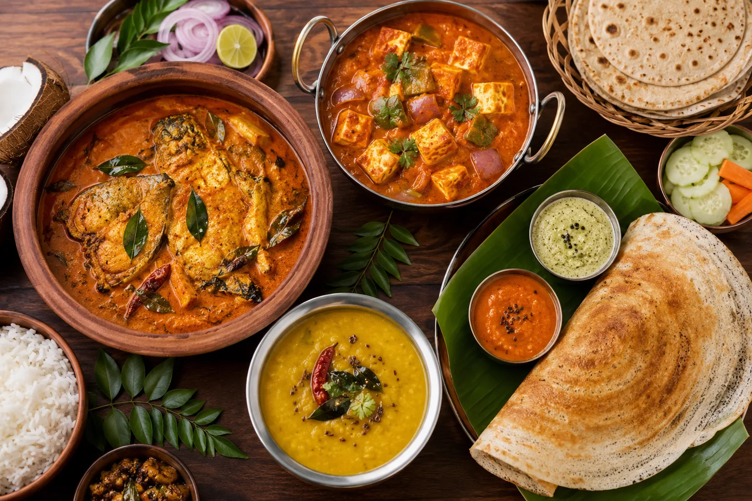 Table spread of regional Indian dishes including Kerala fish curry, Punjabi paneer, dal, and South Indian dosa, showing India's diverse cuisine