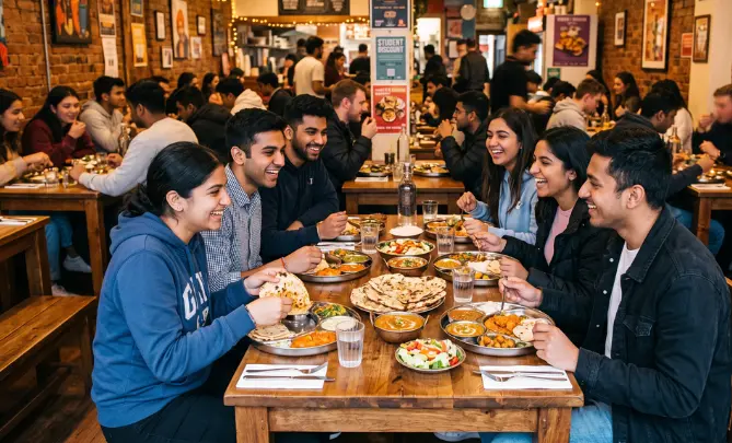 Students enjoying a meal at a restaurant for students