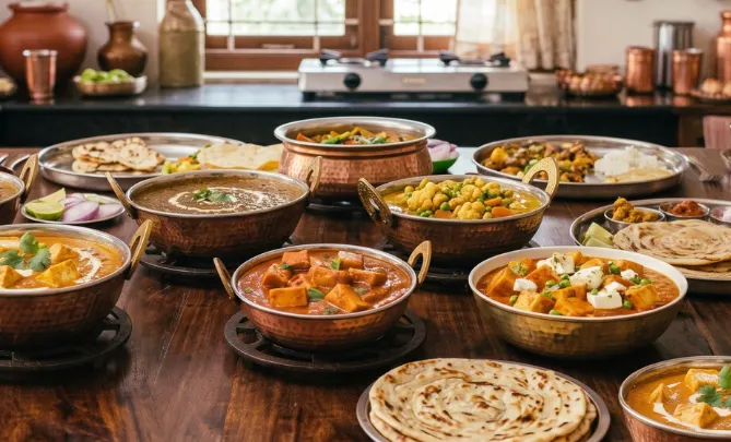 Traditional Indian curries in copper bowls served with naan and Indian breads on a wooden dining table.