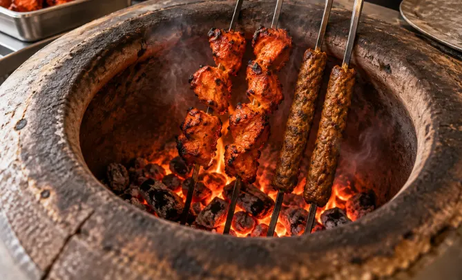 Tandoori delights including charred tandoori chicken and seekh kebabs cooking over glowing charcoal inside a traditional clay tandoor oven.