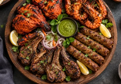 Tandoori delights featuring grilled chicken, prawns, lamb cutlets, and seekh kebabs with lemon wedges, mint chutney, onions, and fresh coriander.
