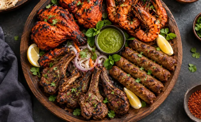 Tandoori delights featuring grilled chicken, prawns, lamb cutlets, and seekh kebabs with lemon wedges, mint chutney, onions, and fresh coriander.