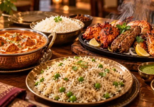Indian rice dishes served with butter chicken and a tandoori mixed grill platter on a restaurant table