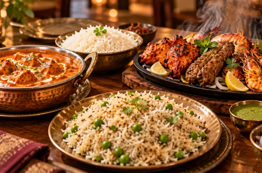 Indian rice dishes served with butter chicken and a tandoori mixed grill platter on a restaurant table