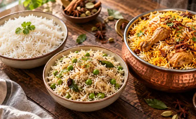 Indian rice dishes including plain steamed rice, jeera and peas pulao, and chicken biryani on a wooden table