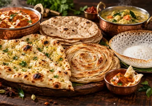 Types of Indian bread including naan, roti, Kerala parotta and appam served with curries