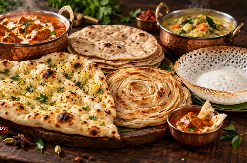 Types of Indian bread including naan, roti, Kerala parotta and appam served with curries