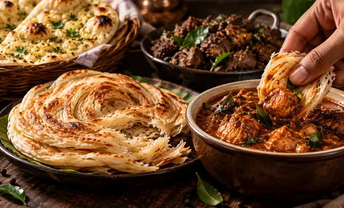 Tearing Kerala parotta to scoop chicken curry, one of the classic types of Indian bread pairings